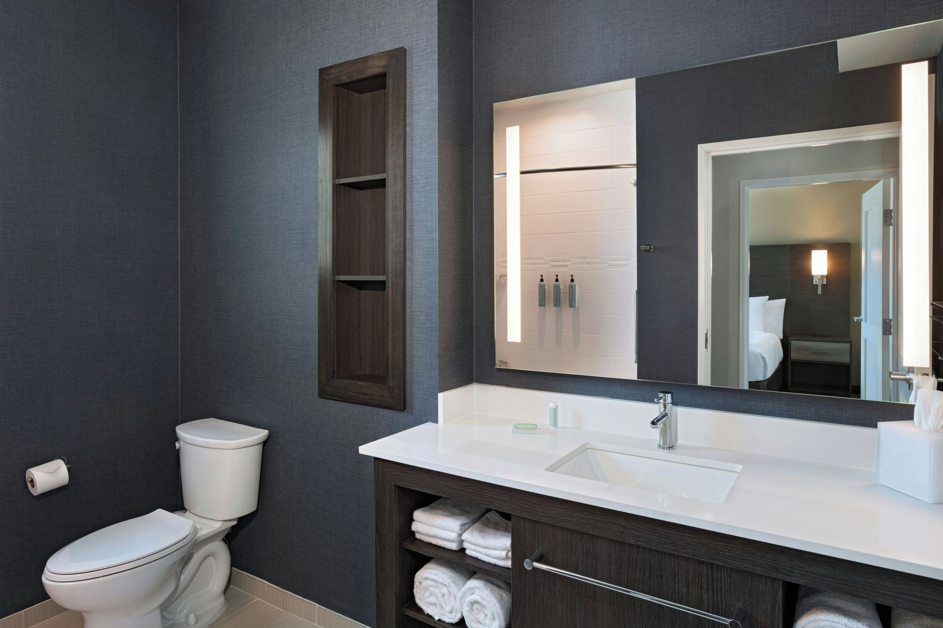 A modern bathroom with a toilet, sink, and a large mirror.