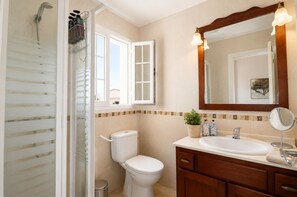 Shower, hair dryer, towels
