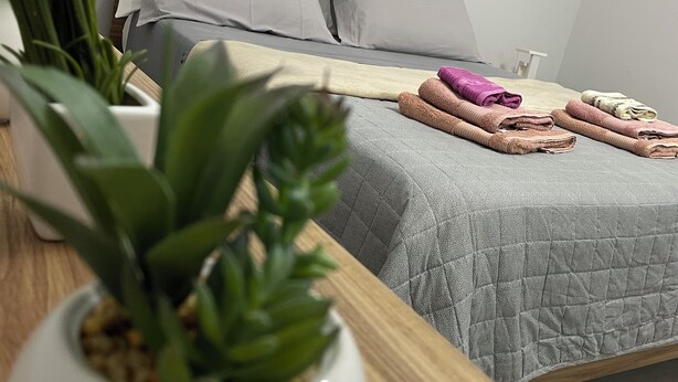A neatly made bed with a grey quilt, white pillows, and folded towels in shades of pink and beige. There are potted plants on the bedside table. - Melly House: fast Wi-Fi, 5 minutes from the sea (Barletta)