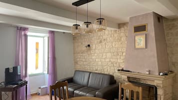 Televisión, chimenea, reproductor de DVD, libros