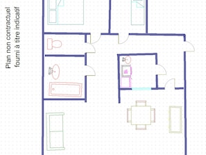 A floor plan with multiple rooms, including a kitchen, dining area, and a bathroom.
