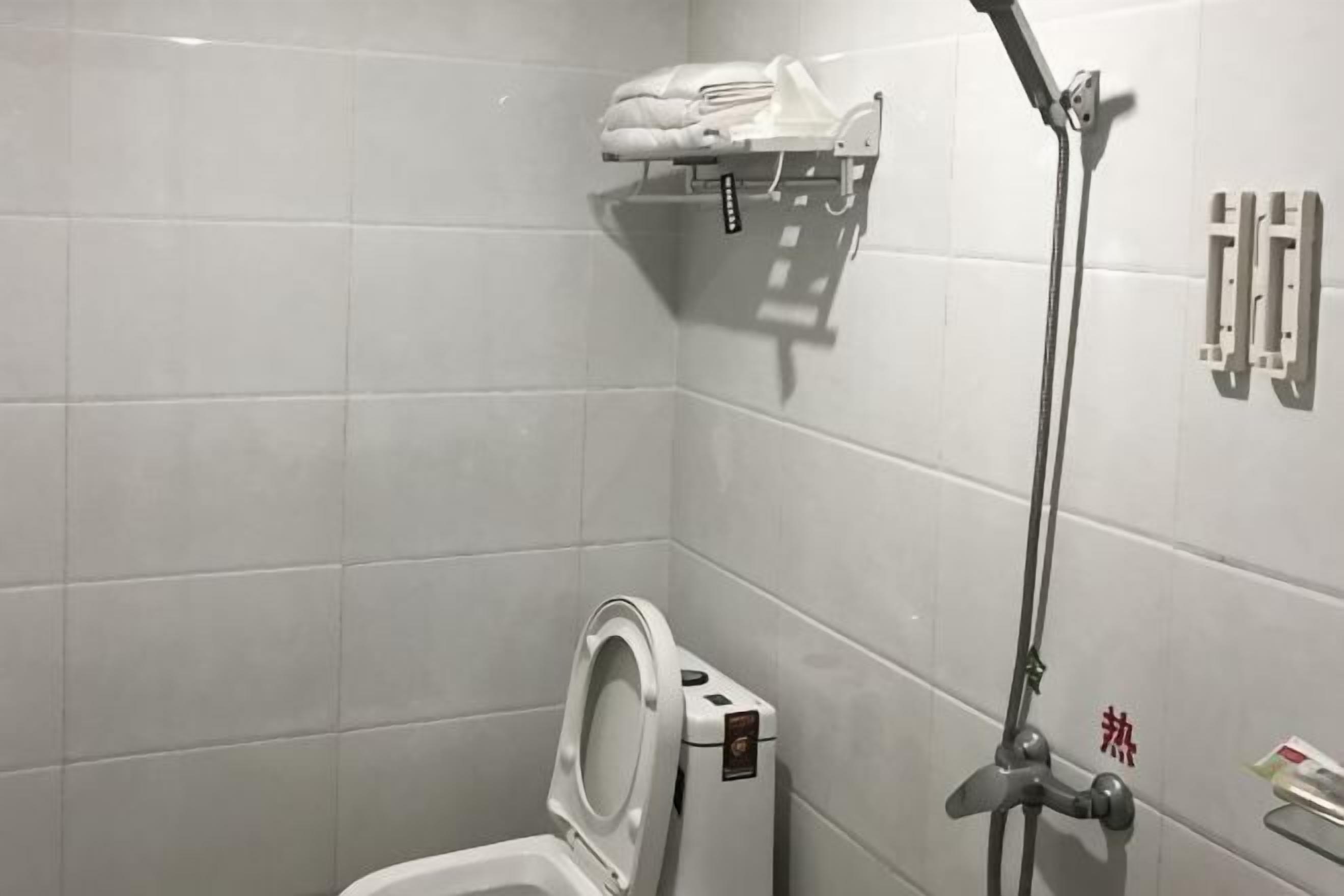 A bathroom with a toilet, a shower, and a towel rack.