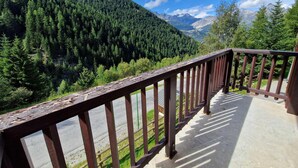 Ein Balkon mit Blick auf ein bewaldetes Gebirge.