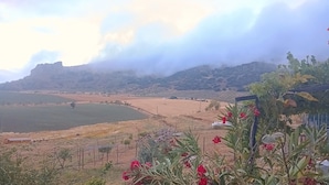 Un paisaje rural con un campo, una colina distante y una cerca.