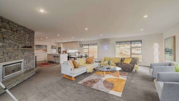 TV, fireplace, table football