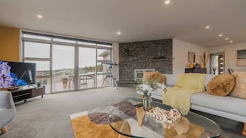 TV, fireplace, table football