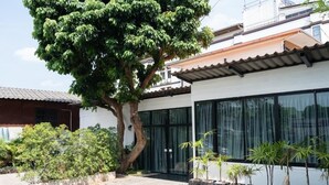 A modern building with large windows, a tree in front, and potted plants along the pathway.