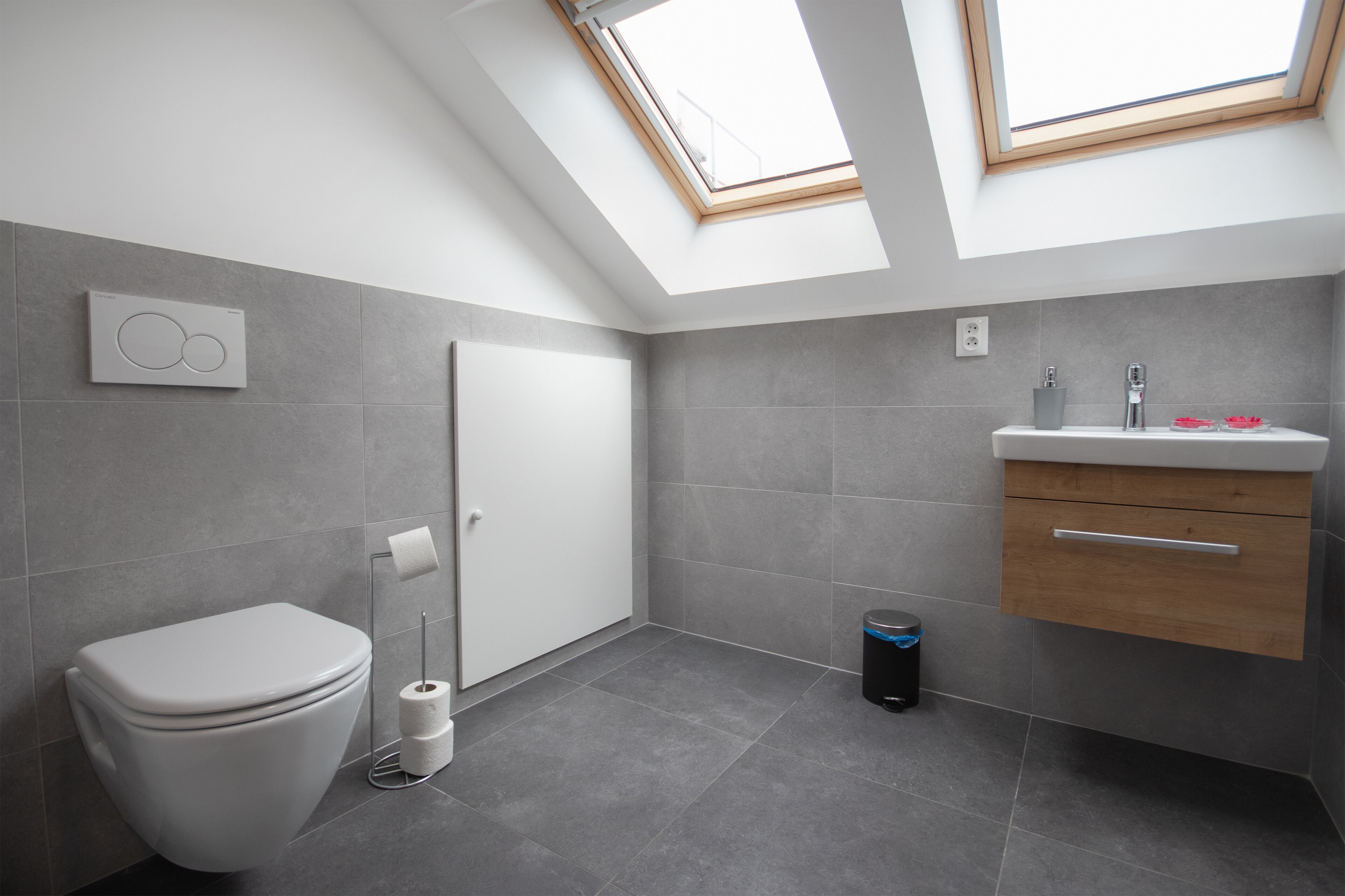 Een moderne badkamer met dakraam, toilet, wastafel en kast.
