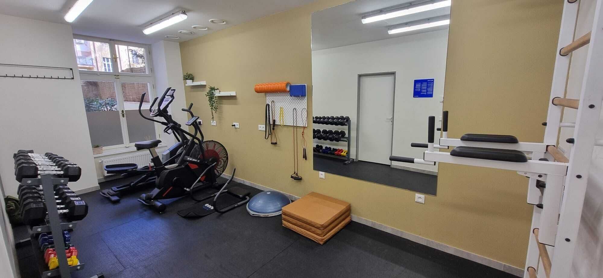 A gym with exercise equipment, a mirror, and a wall-mounted rack of dumbbells.
