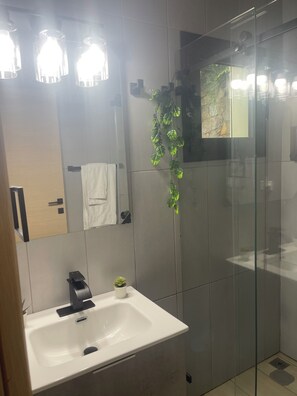 Shower, towels, soap, shampoo