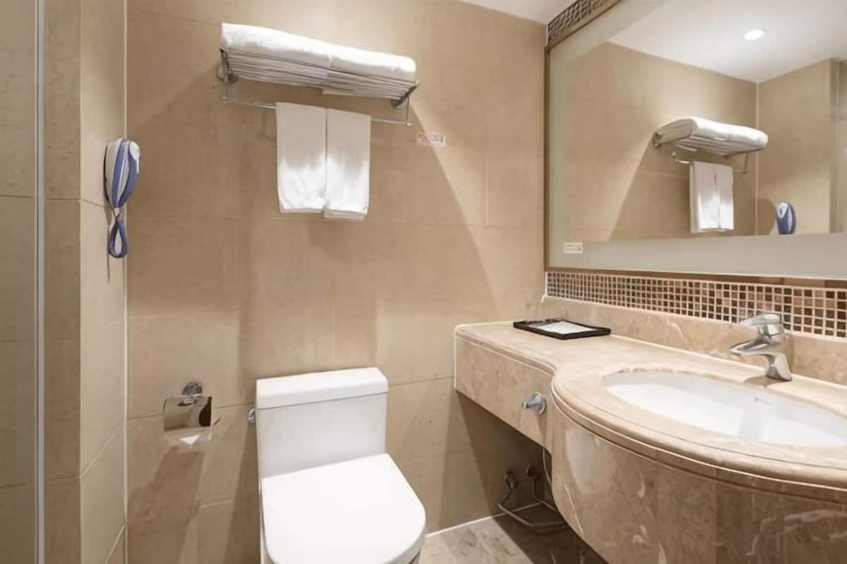 A bathroom with a toilet, sink, and mirror.