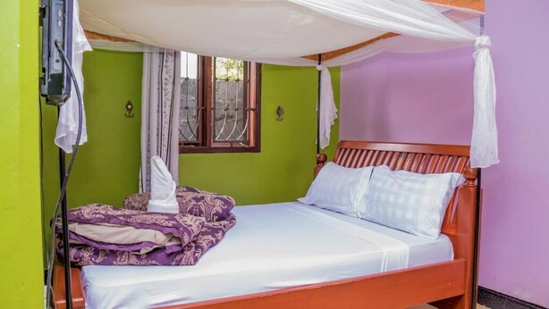 Una cama individual con dosel, paredes verdes y una ventana con barrotes.