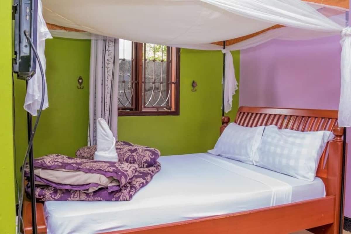 A single bed with a canopy, green walls, and a window with metal bars.