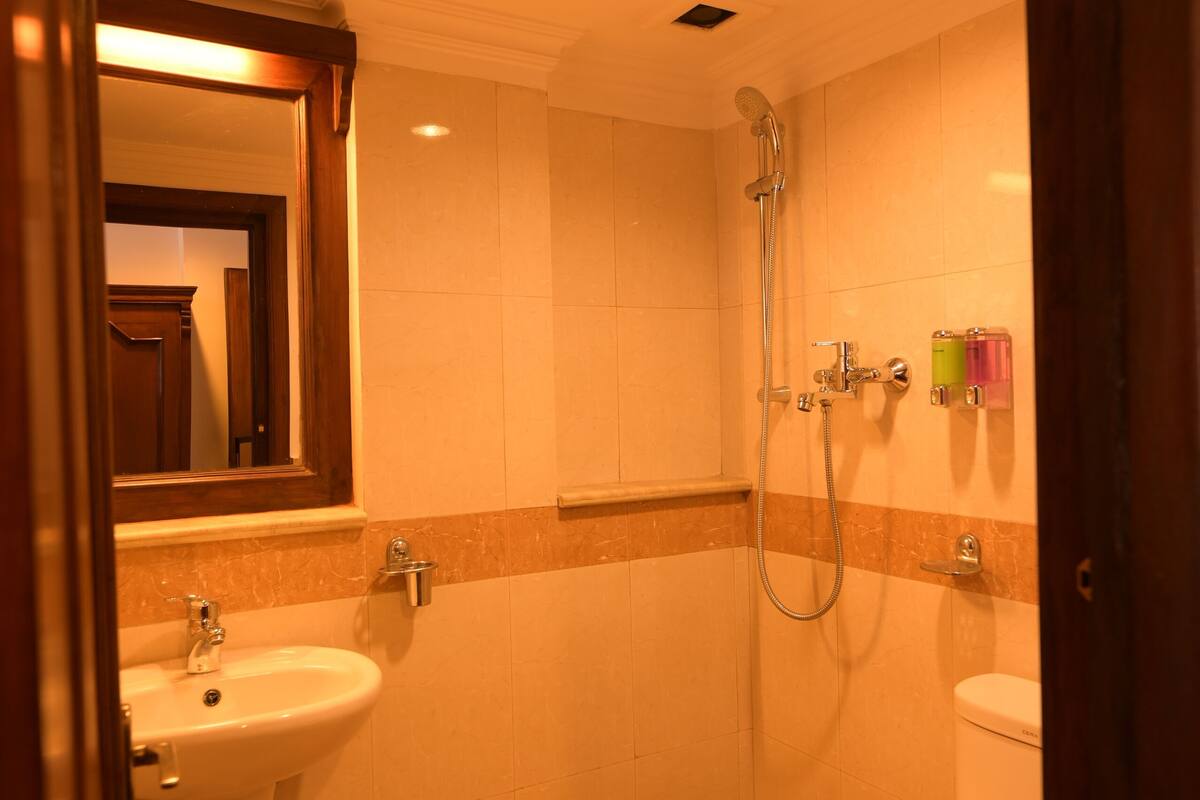 A bathroom with a pedestal sink, a toilet, and a shower.