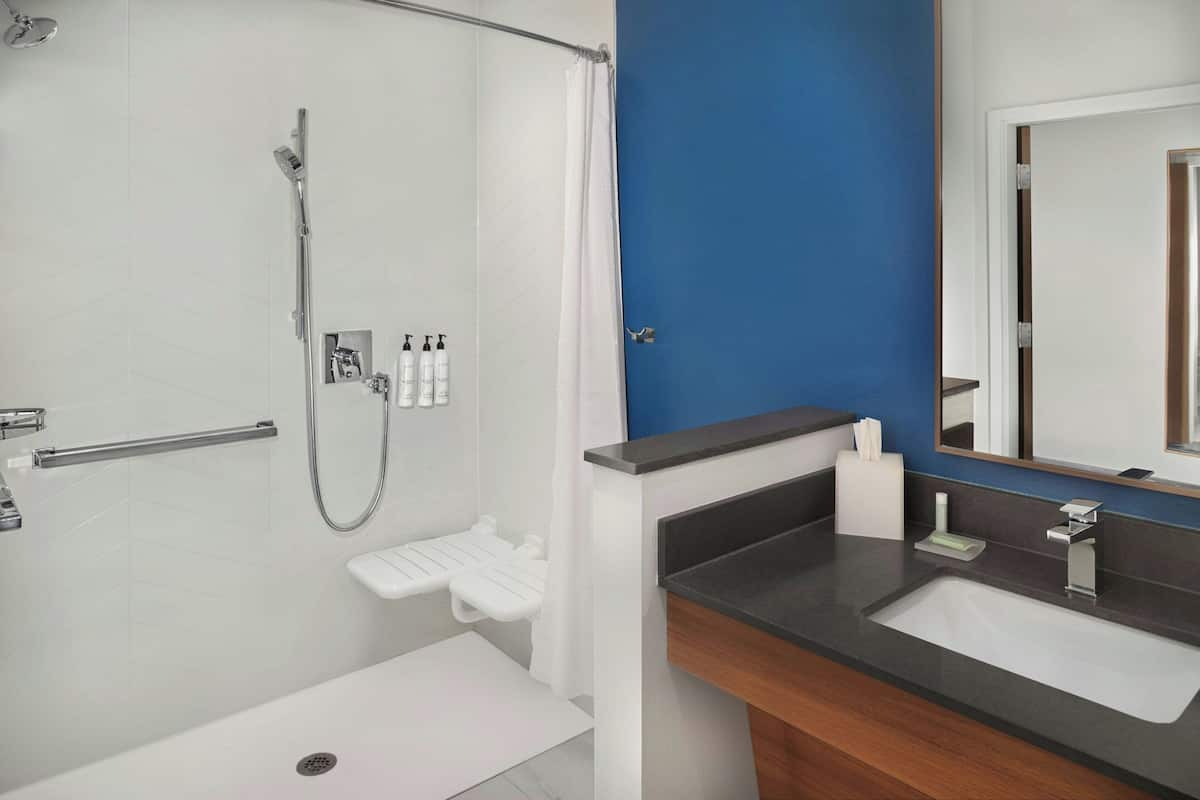Room, 1 King Bed (Mobility/Hearing Access, Roll-in Shwr) | Bathroom | Hair dryer, towels, soap, shampoo