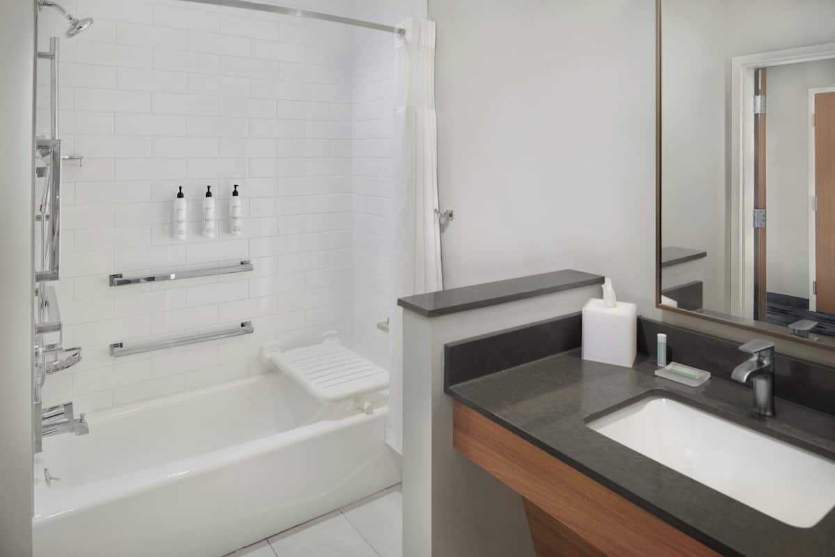 Hair dryer, towels, soap, shampoo