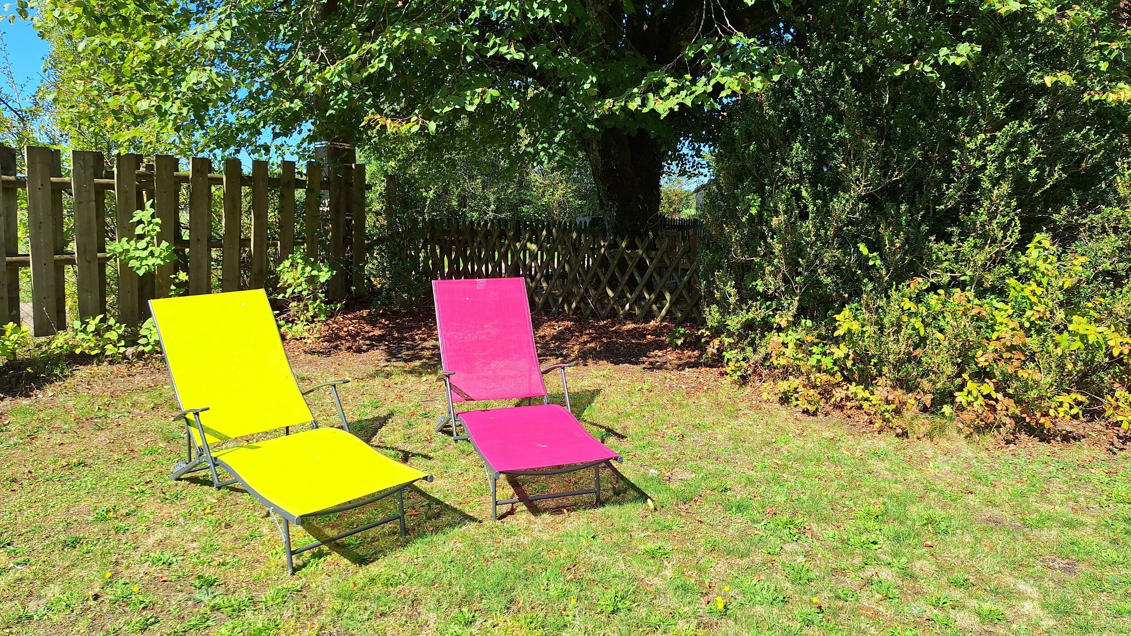 Two outdoor chairs in a grassy area with a wooden fence and trees in the background.