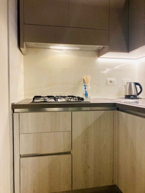 Microwave, stovetop, coffee/tea maker, electric kettle
