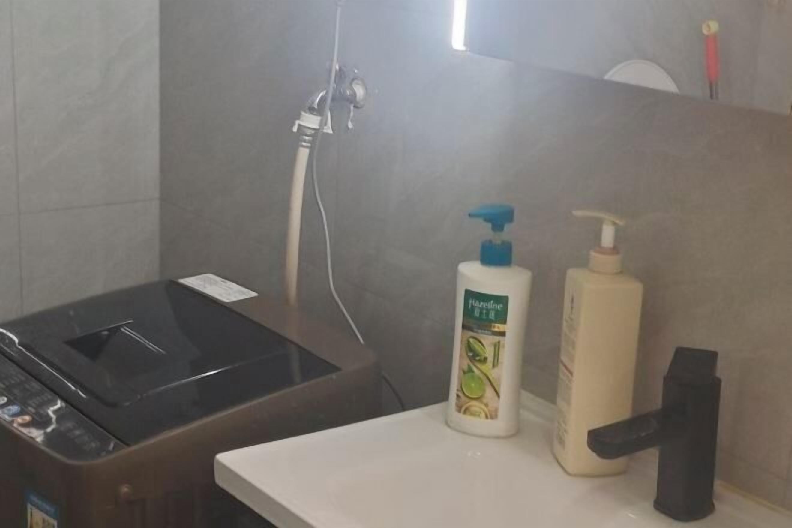 Un baño con lavamanos, cabezal de ducha de mano y dos botellas de jabón líquido.