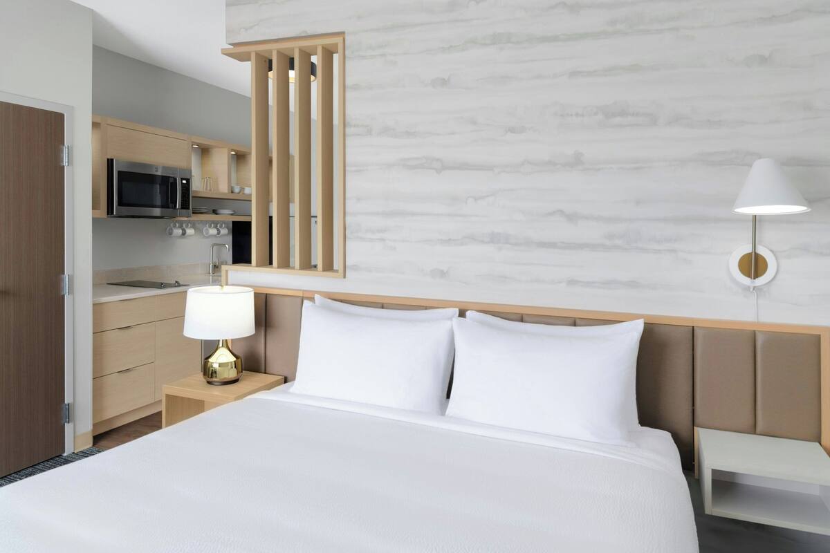 Una habitación de hotel moderna con una cama grande, una mesita de noche con lámpara, un microondas integrado y un armario de madera.