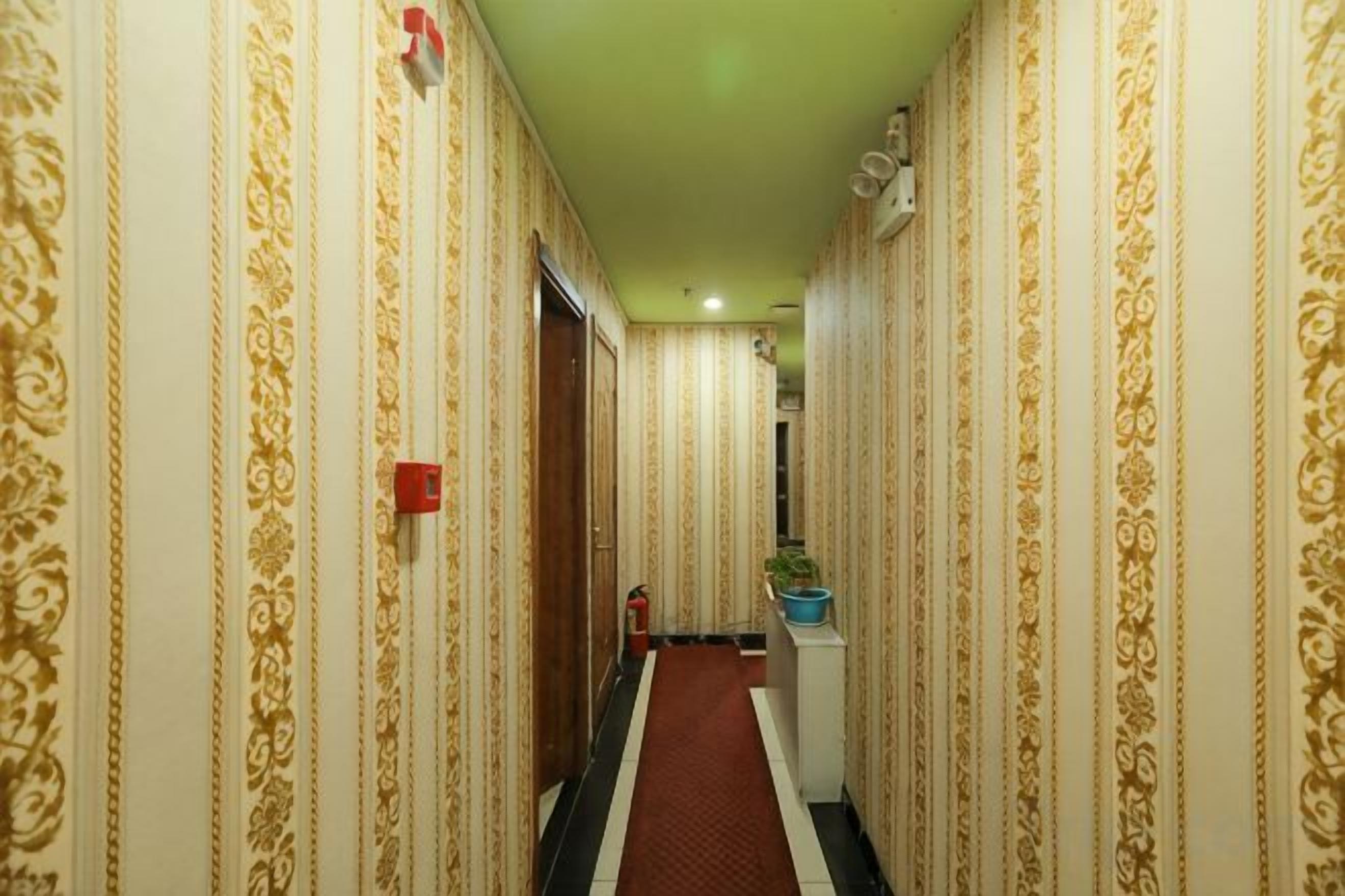 A hallway with patterned wallpaper, a red carpet, and a door at the end.