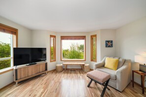 TV connectée, cheminée, lecteur de DVD, table de tennis de table