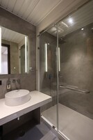 Shower, slippers, towels, soap