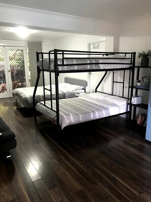 1 bedroom, desk, iron/ironing board, travel cot