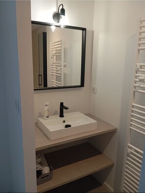 Douche, sèche-cheveux, savon, papier toilette