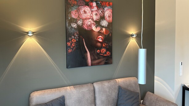 Un soggiorno moderno con un divano grigio, due luci a parete e un grande quadro con motivi floreali.