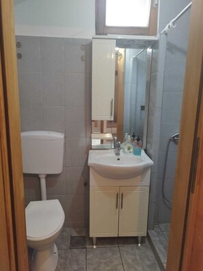 A compact bathroom with a toilet, a sink with a mirror, and a shower. - Budget Rooms (Sarajevo)