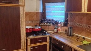 A compact kitchen with wooden cabinets, a stove, an oven, and a window with a computer monitor. - Budget Rooms (Sarajevo)