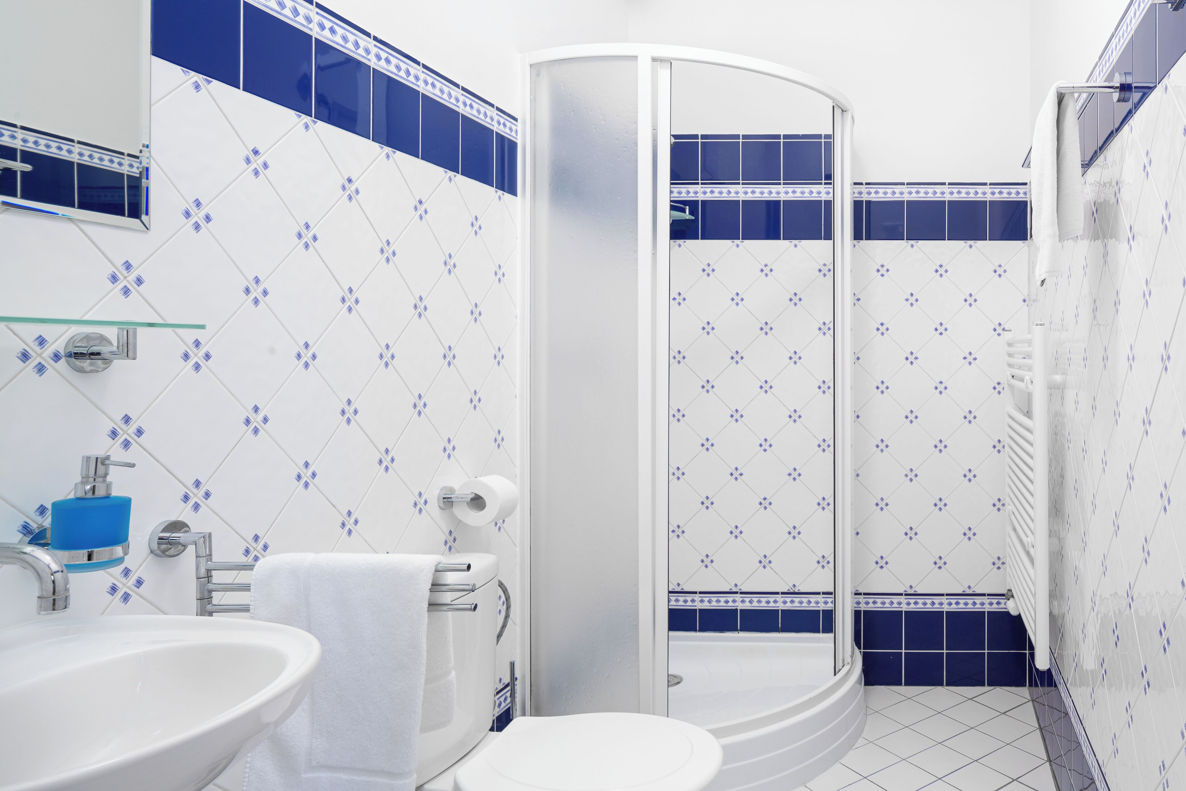 A bathroom with a white sink, a toilet, a glass shower enclosure, and blue and white patterned tiles.