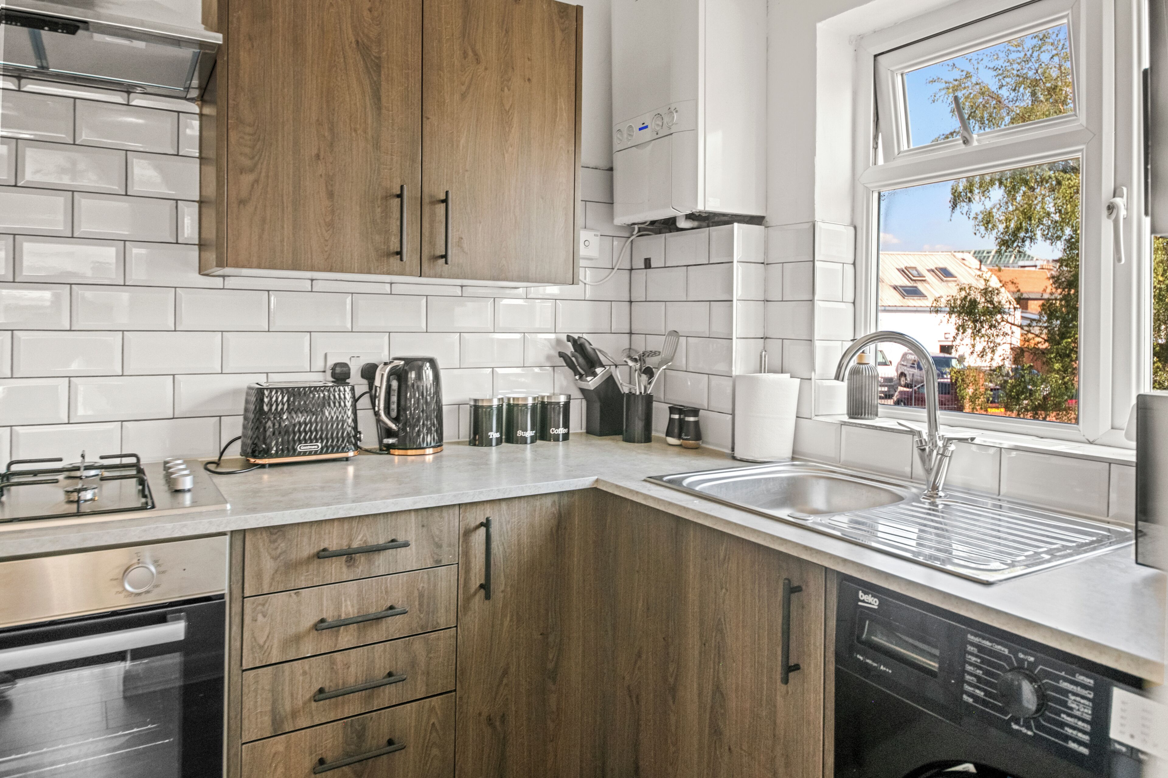 Fridge, microwave, dishwasher, toaster