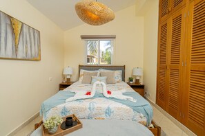 1 bedroom, desk, iron/ironing board, travel cot