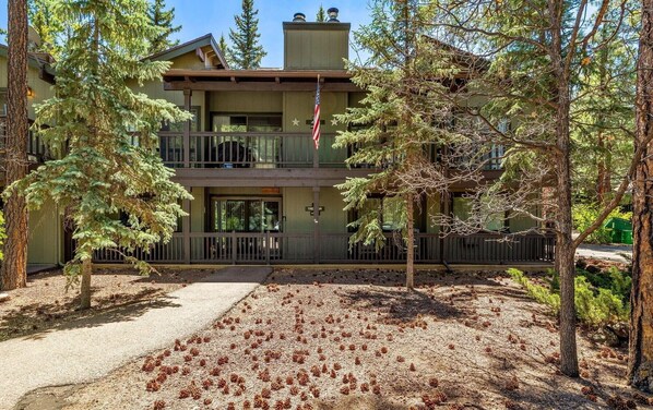 A two-story building with a balcony, surrounded by trees and a ground covered with pine cones.