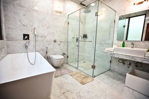 Shower, hair dryer, towels, soap