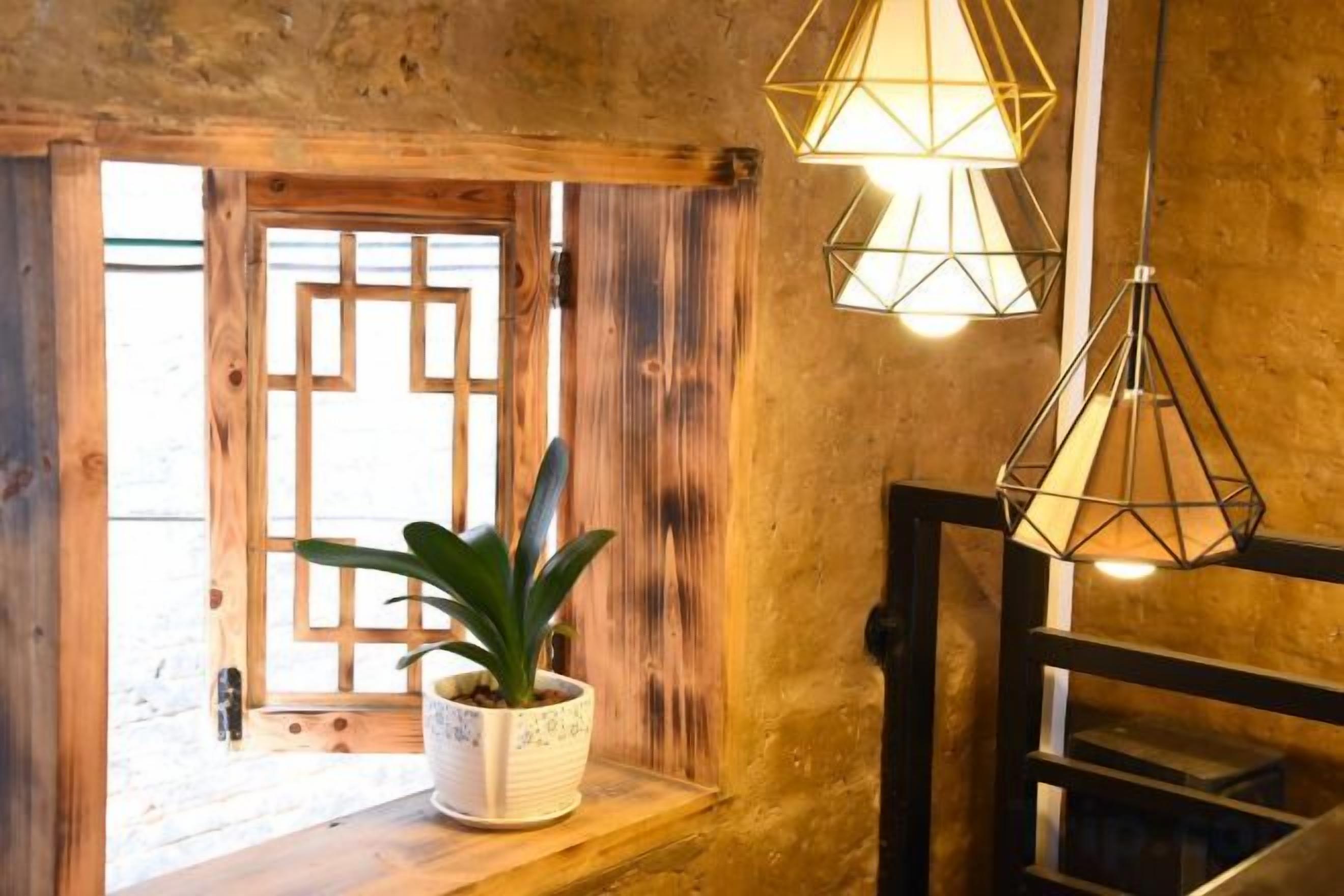 A rustic interior with a wooden door, a potted plant, and geometric pendant lights.