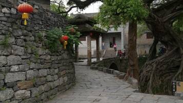 A stone pathway leading to a traditional building with a thatched roof, a stone wall with hanging lanterns, and a large tree with extensive roots.