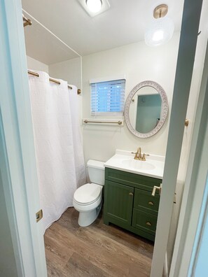 Hair dryer, towels, soap, shampoo