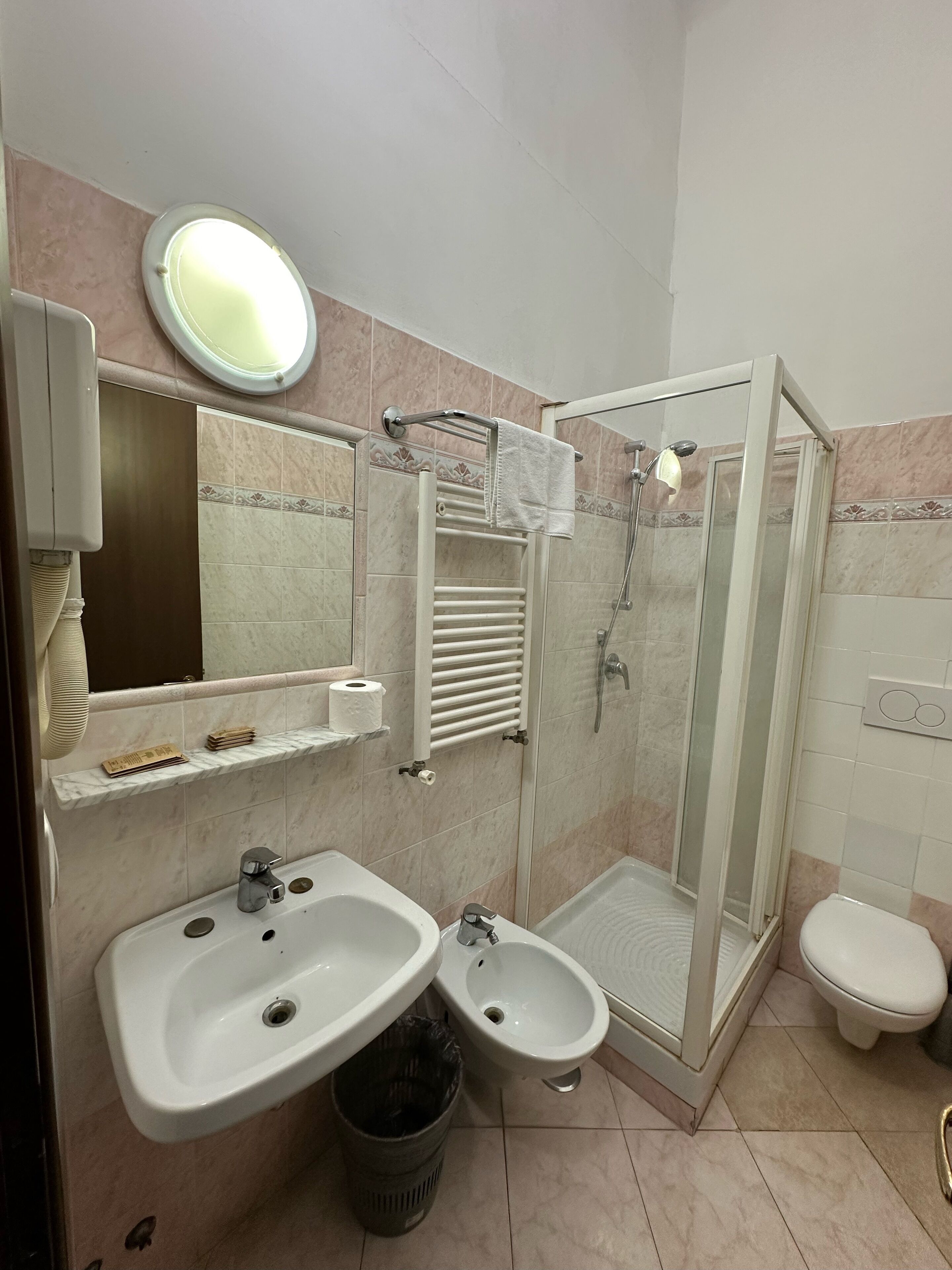 Shower, free toiletries, hair dryer, towels