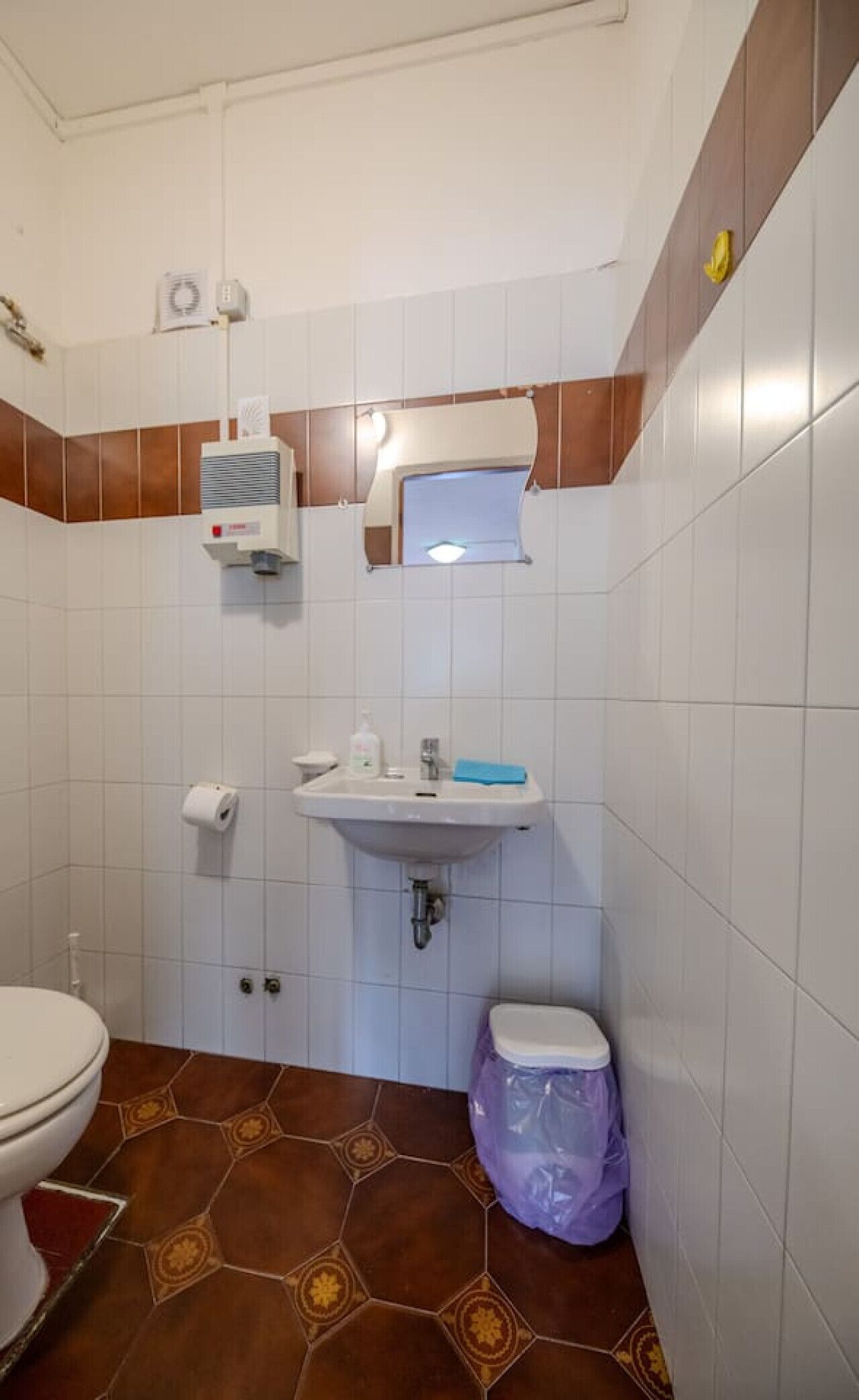 Et lille badeværelse med toilet, vask og skraldespand.