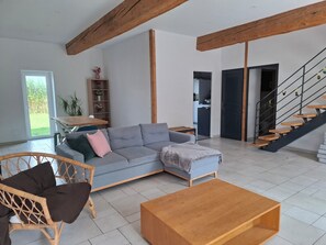 Télévision, cheminée, table de tennis de table, livres