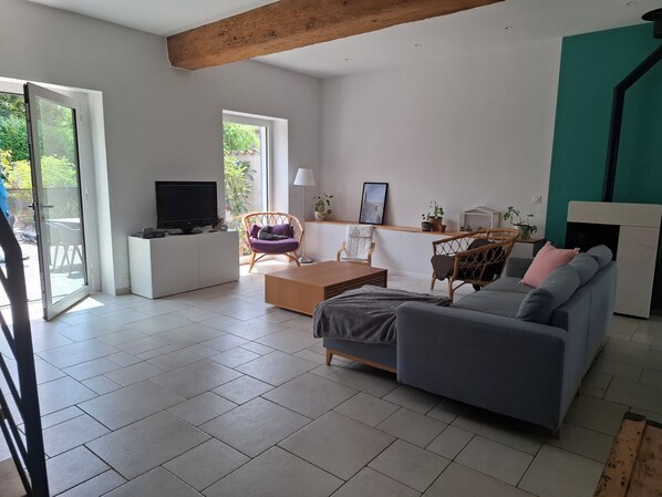 Télévision, cheminée, table de tennis de table, livres