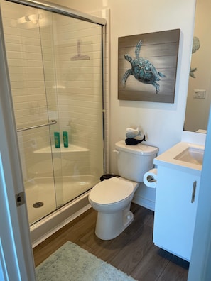 Shower, hair dryer, towels, soap
