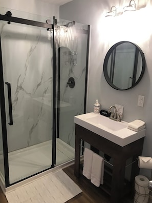 Shower, hair dryer, towels, toilet paper