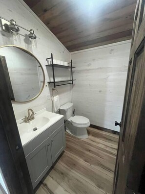 A bathroom with a wooden floor, a white sink with a gold faucet, a toilet, and a mirror with a gold frame.