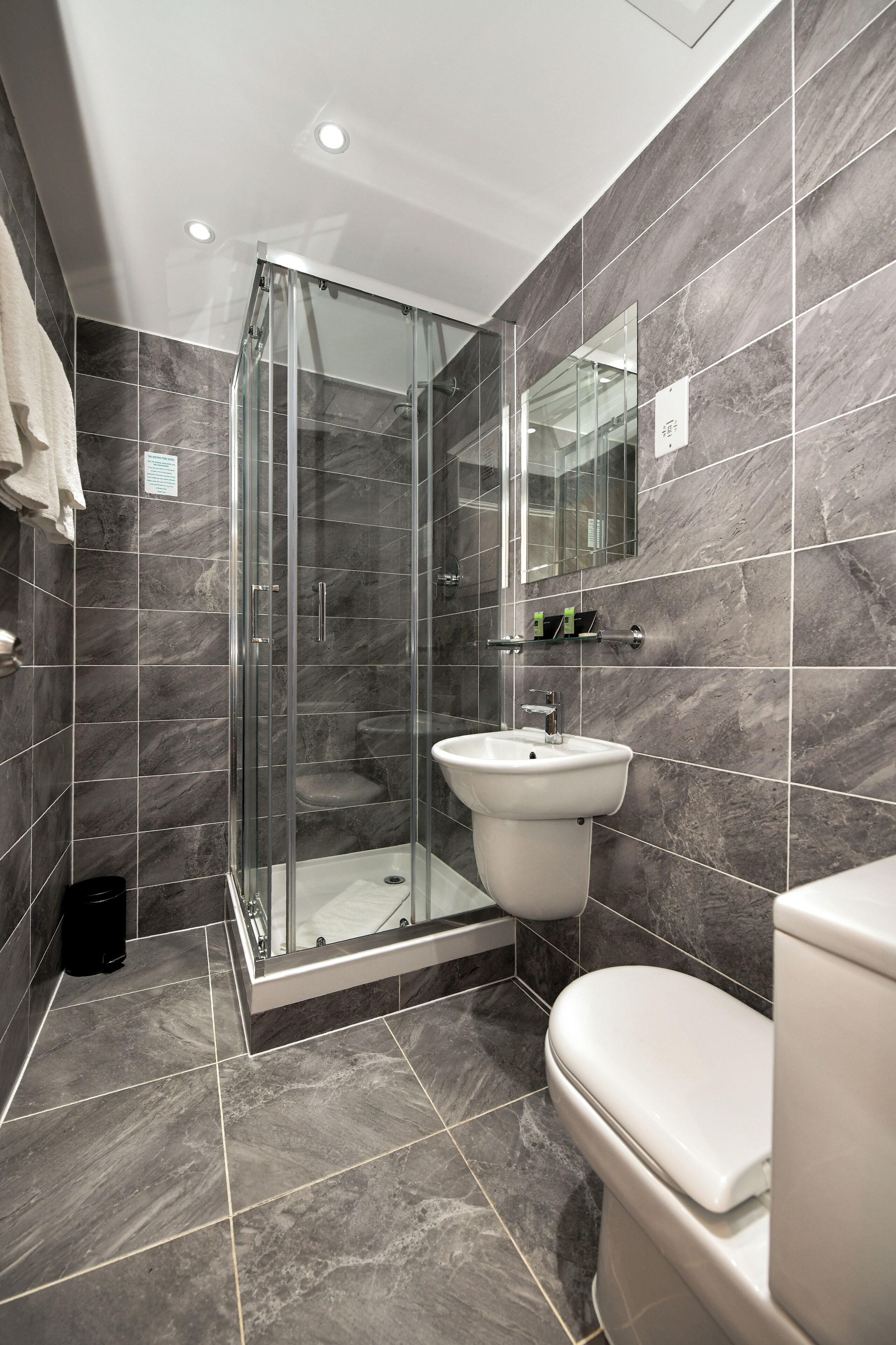 A modern bathroom with a glass shower enclosure, a pedestal sink, and a toilet.