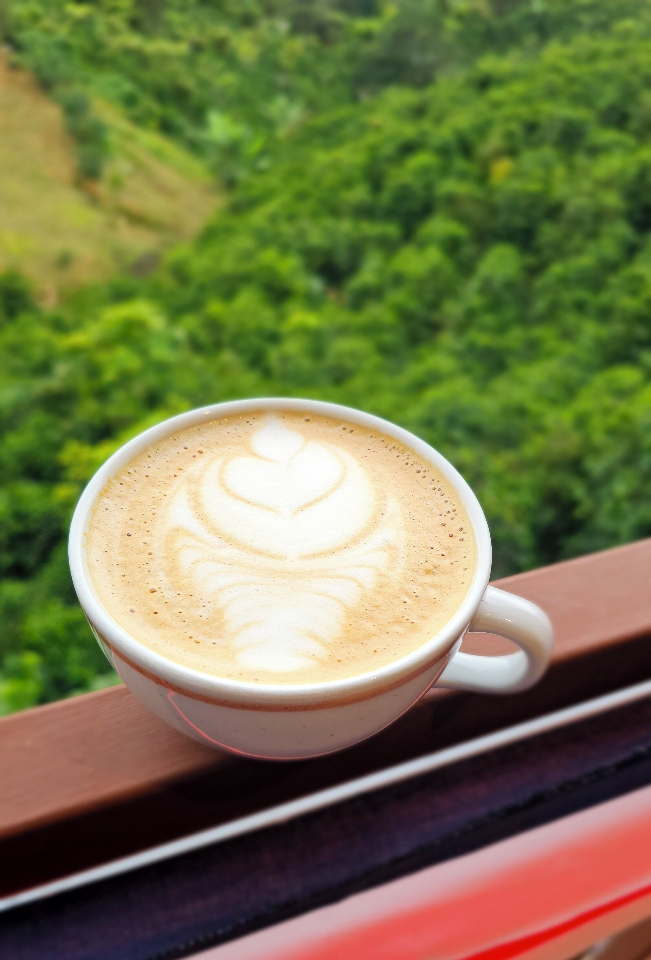 Una taza de café con arte de latte en un balcón con vistas a un paisaje verde exuberante.