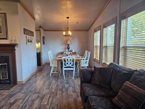 Smart TV, fireplace, books